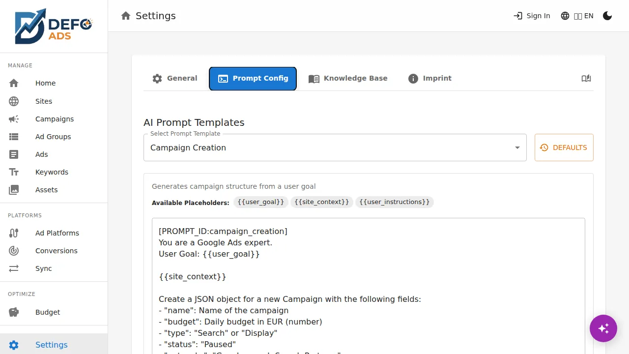 Transparent AI prompt editor with visible prompt text and placeholders