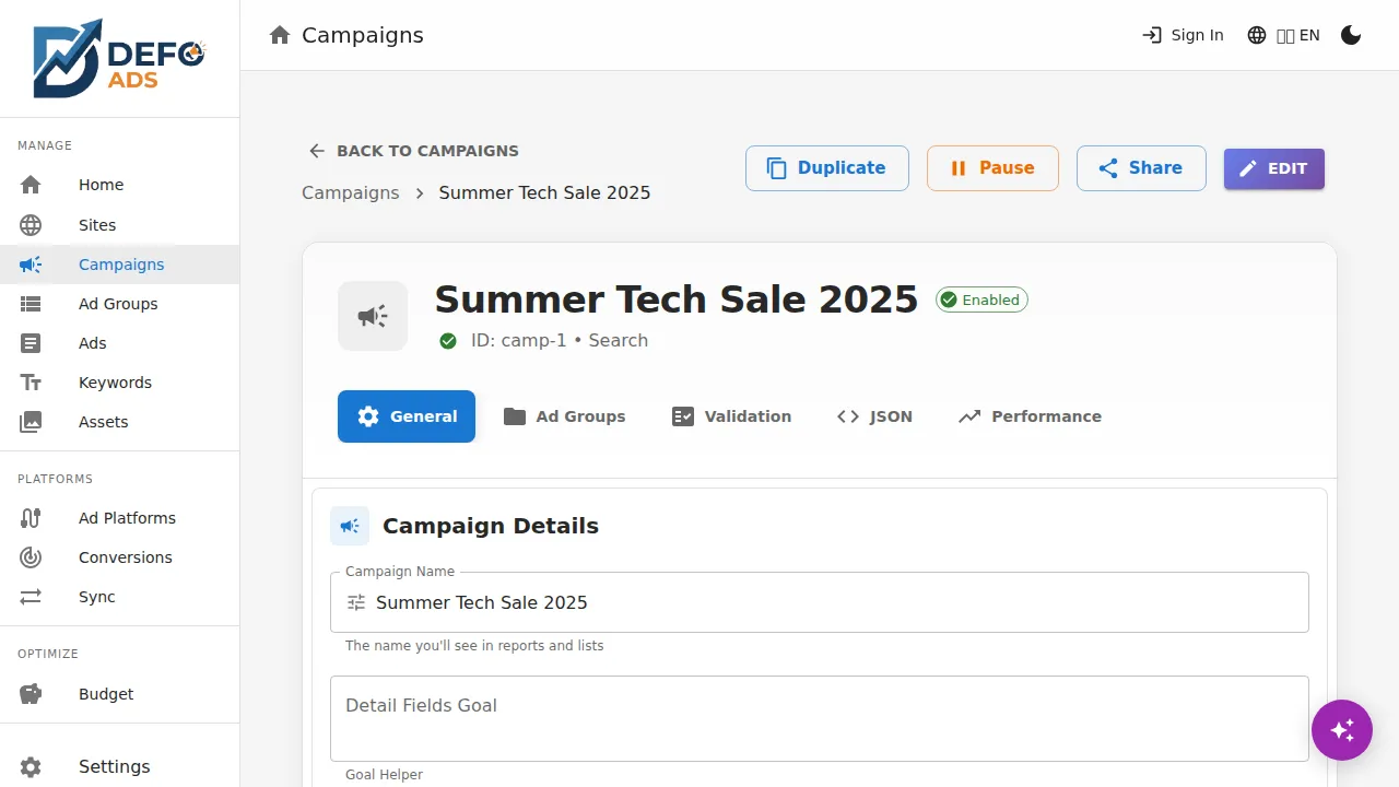 Campaign detail tabbed interface