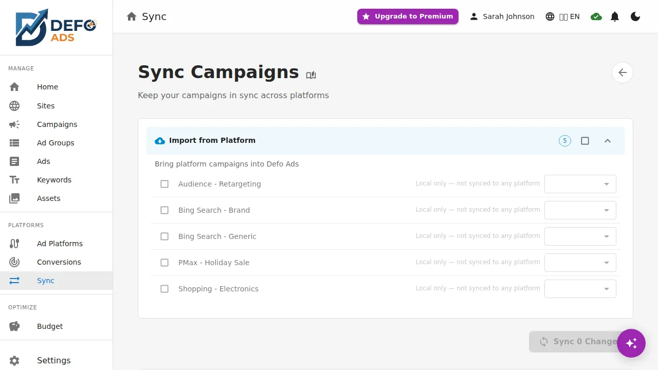 Hierarchical sync progress — campaigns, ad groups, keywords, ads